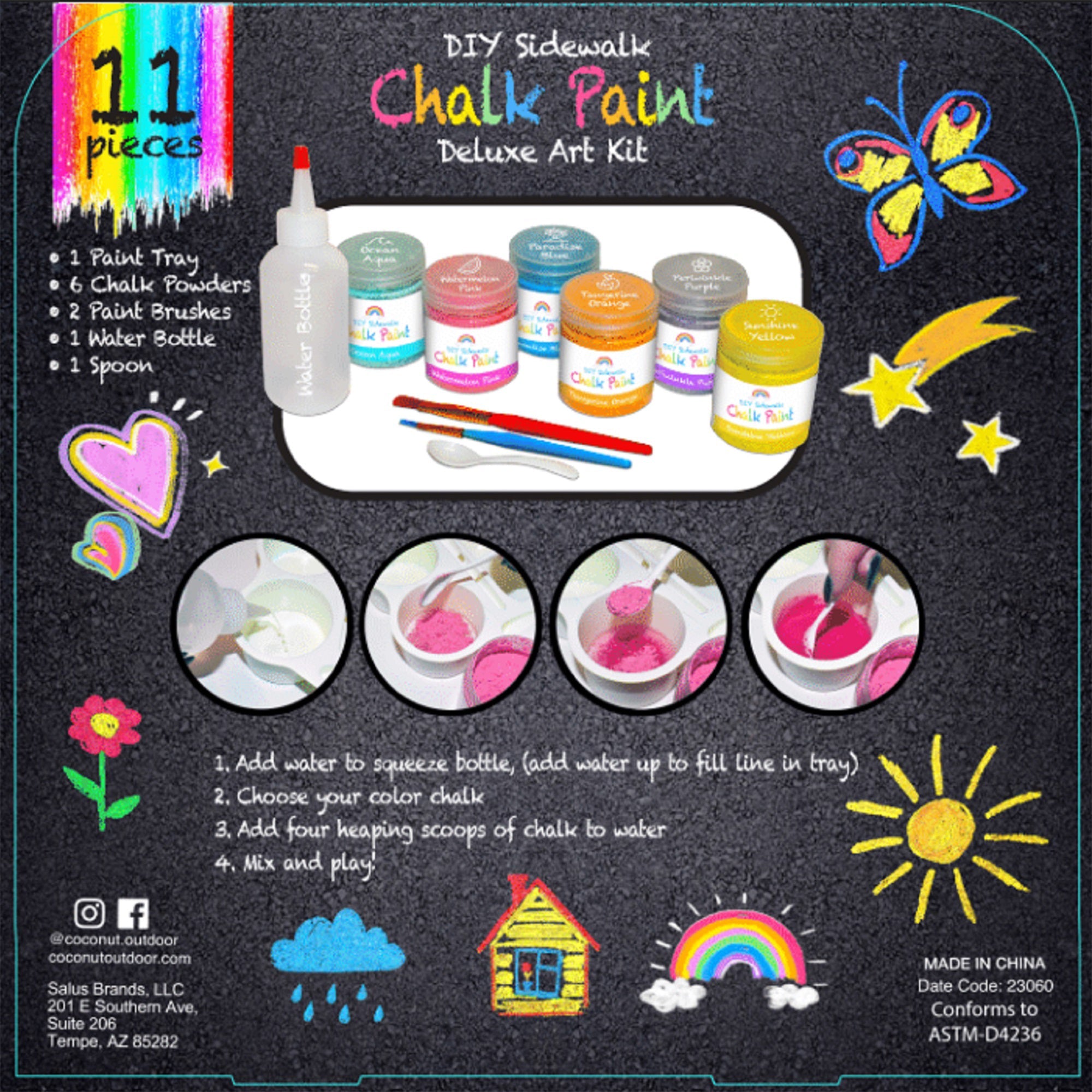  Salus Brands CocoNut Outdoor: Chalk Paint Set: DIY Sidewalk Chalk Kit & 6pk Refill - Non-Toxic, Washable Powdered Chalk, Create Colorful Artwork, Kids Ages 3+ - Multi - Bonton