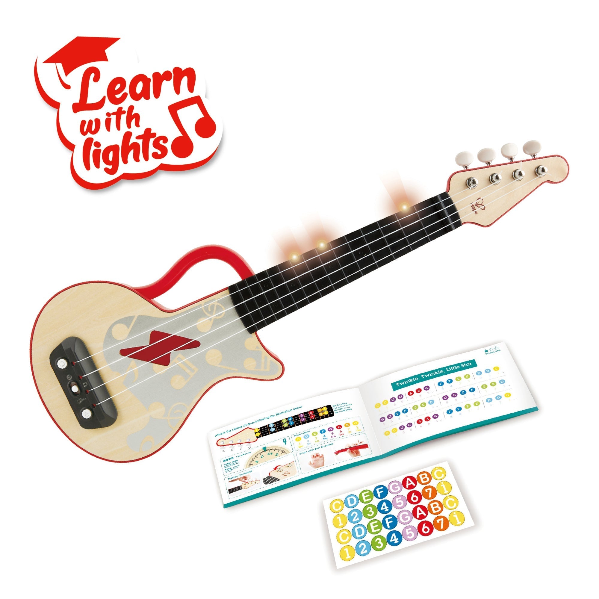  Hape Hape Learn with Lights Toddler Electronic Ukulele in Red, Battery Powered - Multi - Bonton