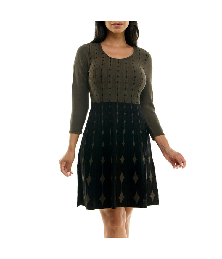 Nina Leonard Women's Printed Fit And Flare Sweater Dress Size Small Olive  Black