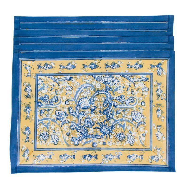  Couleur Nature La Mer Blue/Yellow Placemats Set of 6 - Blue/Yellow - Bonton