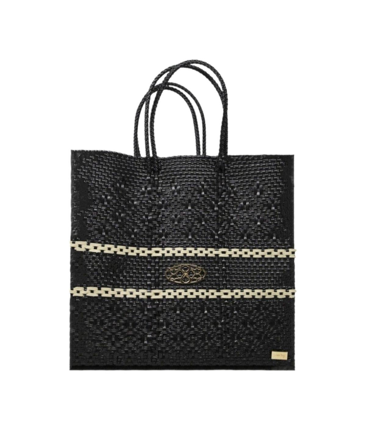  Lola's Bag Medium Black Beige Line Striped Tote Bag - Black - Bonton