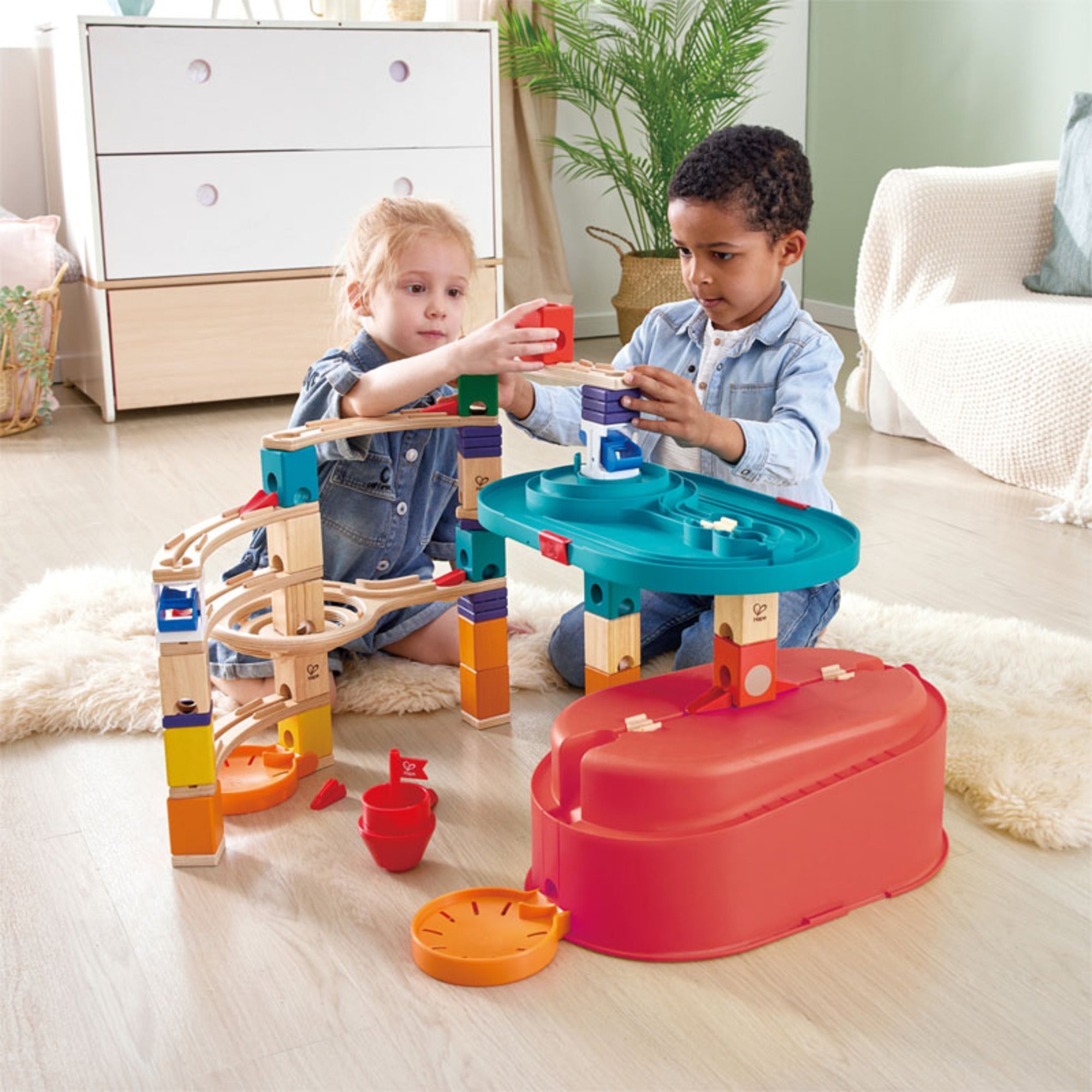  Hape Quadrilla Stack Track Bucket Wooden Marble Run Construction - Multi - Bonton