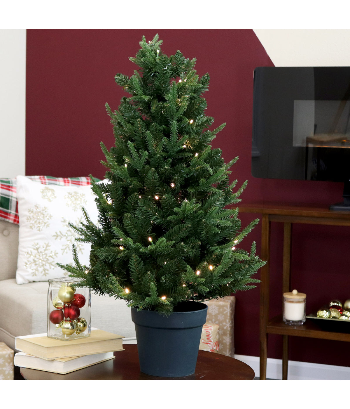  Sunnydaze Decor Christmas Pre-Lit Artificial Tree & Base with LED Lights - Green - Bonton