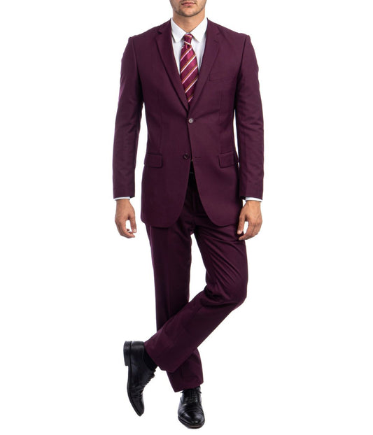 Men's Modern Fit Suits Two Piece Two Button Notch Lapel Suit Burgundy