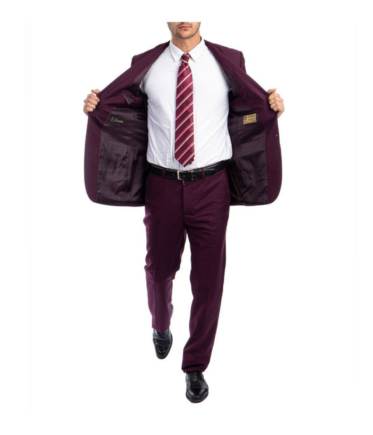 Men's Modern Fit Suits Two Piece Two Button Notch Lapel Suit Burgundy
