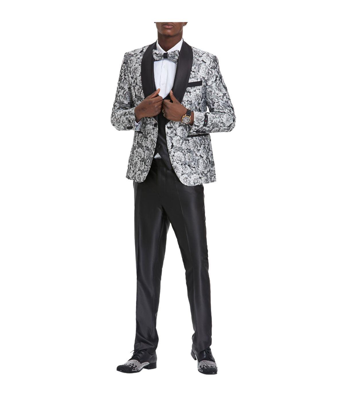  Men's Three Piece Satin Shawl Collar Suit With Double Breasted Vest Silver / Black - Silver / Black - Bonton