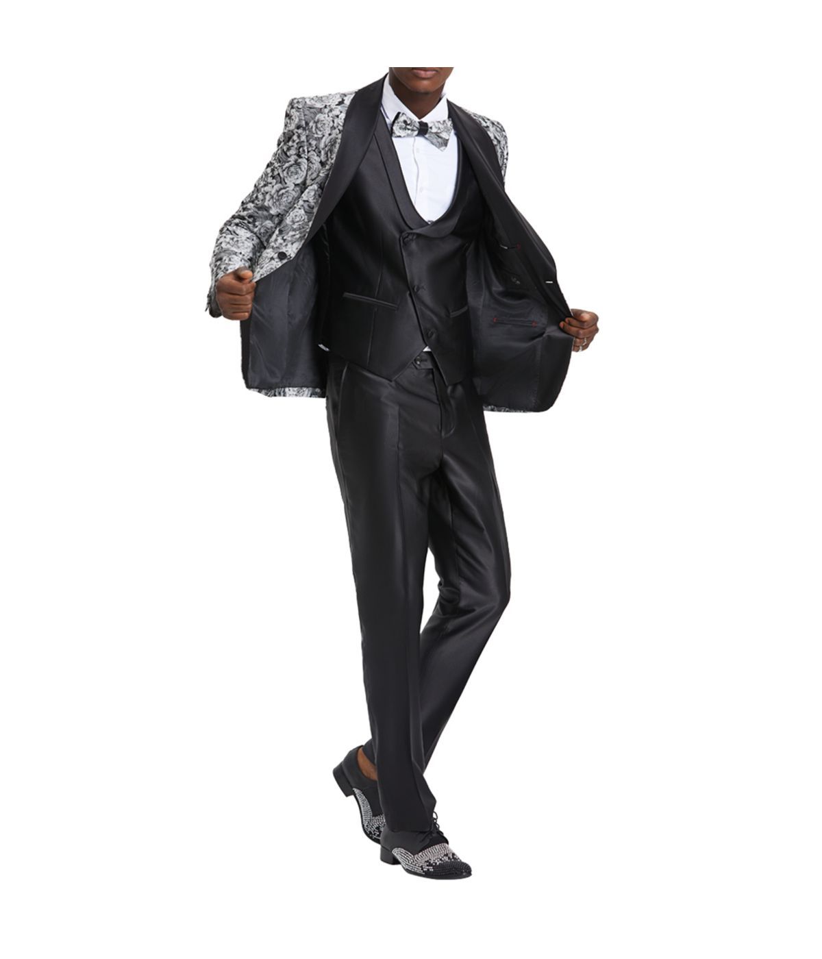  Men's Three Piece Satin Shawl Collar Suit With Double Breasted Vest Silver / Black - Silver / Black - Bonton