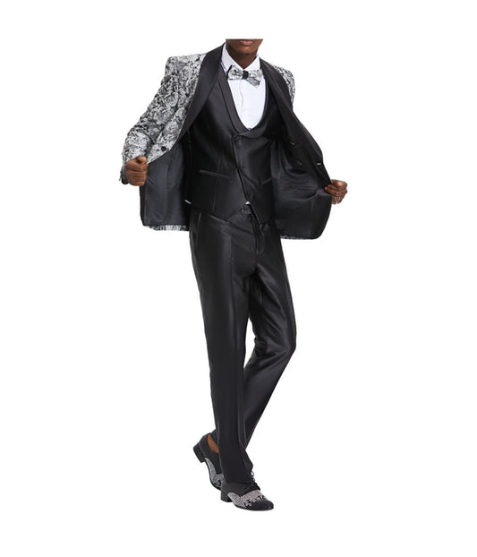 Men's Three Piece Satin Shawl Collar Suit With Double Breasted Vest Silver / Black