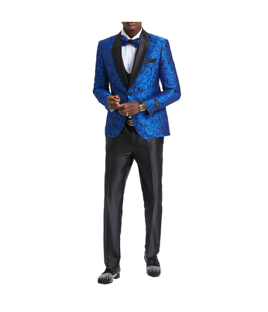 Men's Three Piece Satin Shawl Collar Suit With Double Breasted Vest Blue / Black