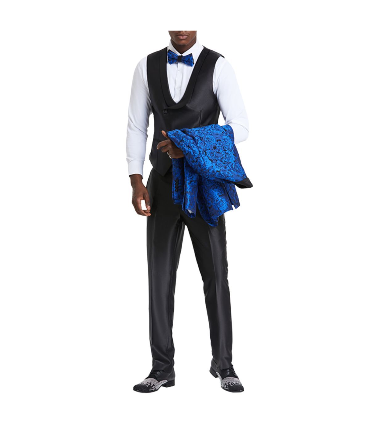 Men's Three Piece Satin Shawl Collar Suit With Double Breasted Vest Blue / Black