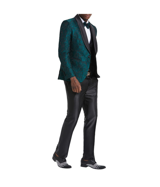 Men's Three Piece Satin Shawl Collar Suit With Double Breasted Vest Green / Black