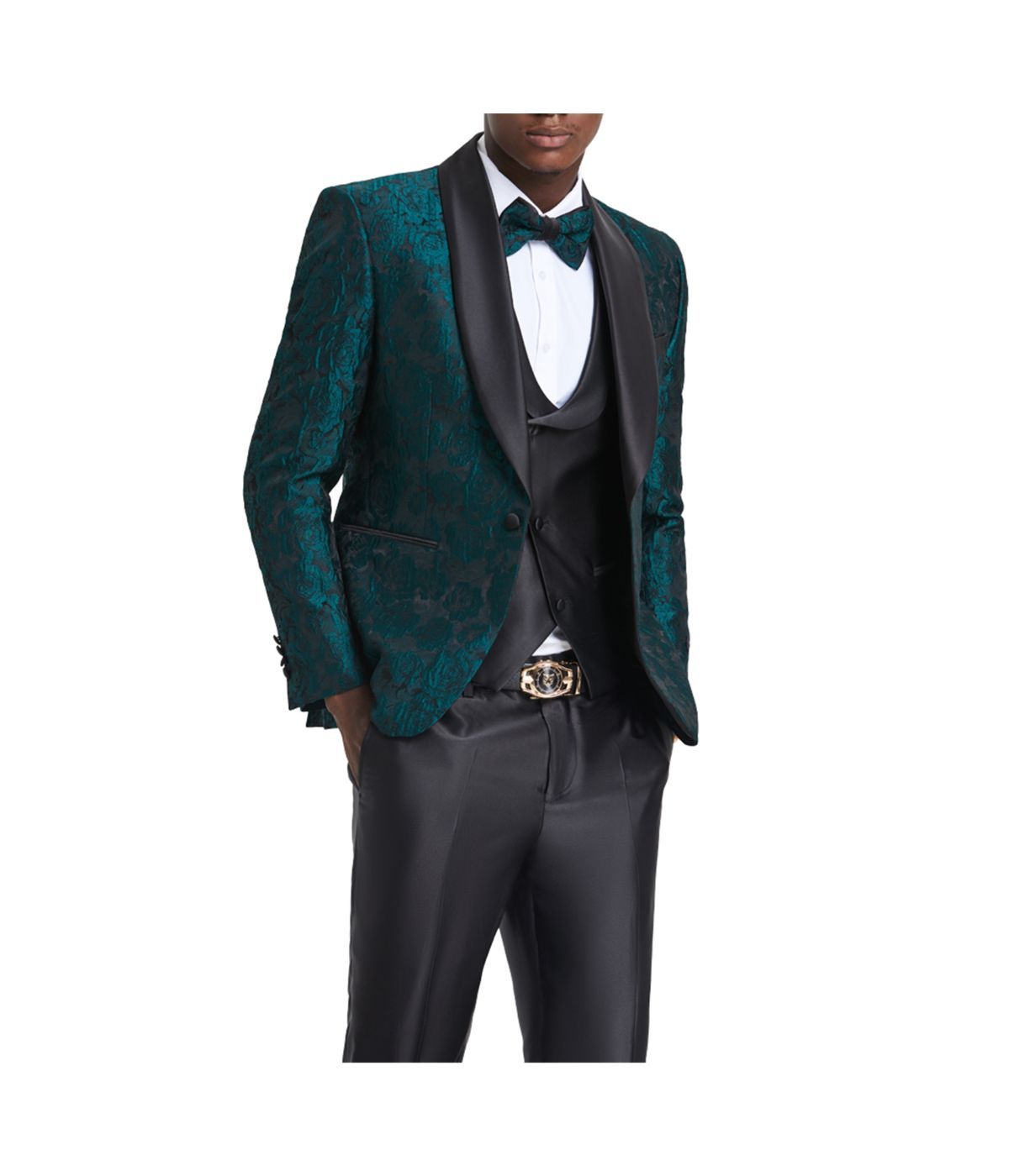  Men's Three Piece Satin Shawl Collar Suit With Double Breasted Vest Green / Black - Green / Black - Bonton