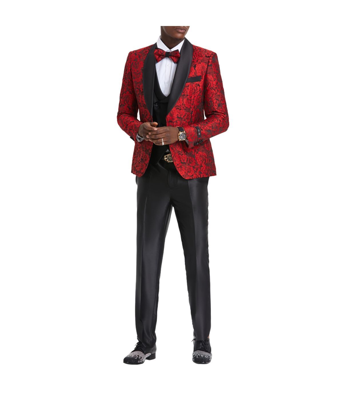  Men's Three Piece Satin Shawl Collar Suit With Double Breasted Vest Red / Black - Red / Black - Bonton