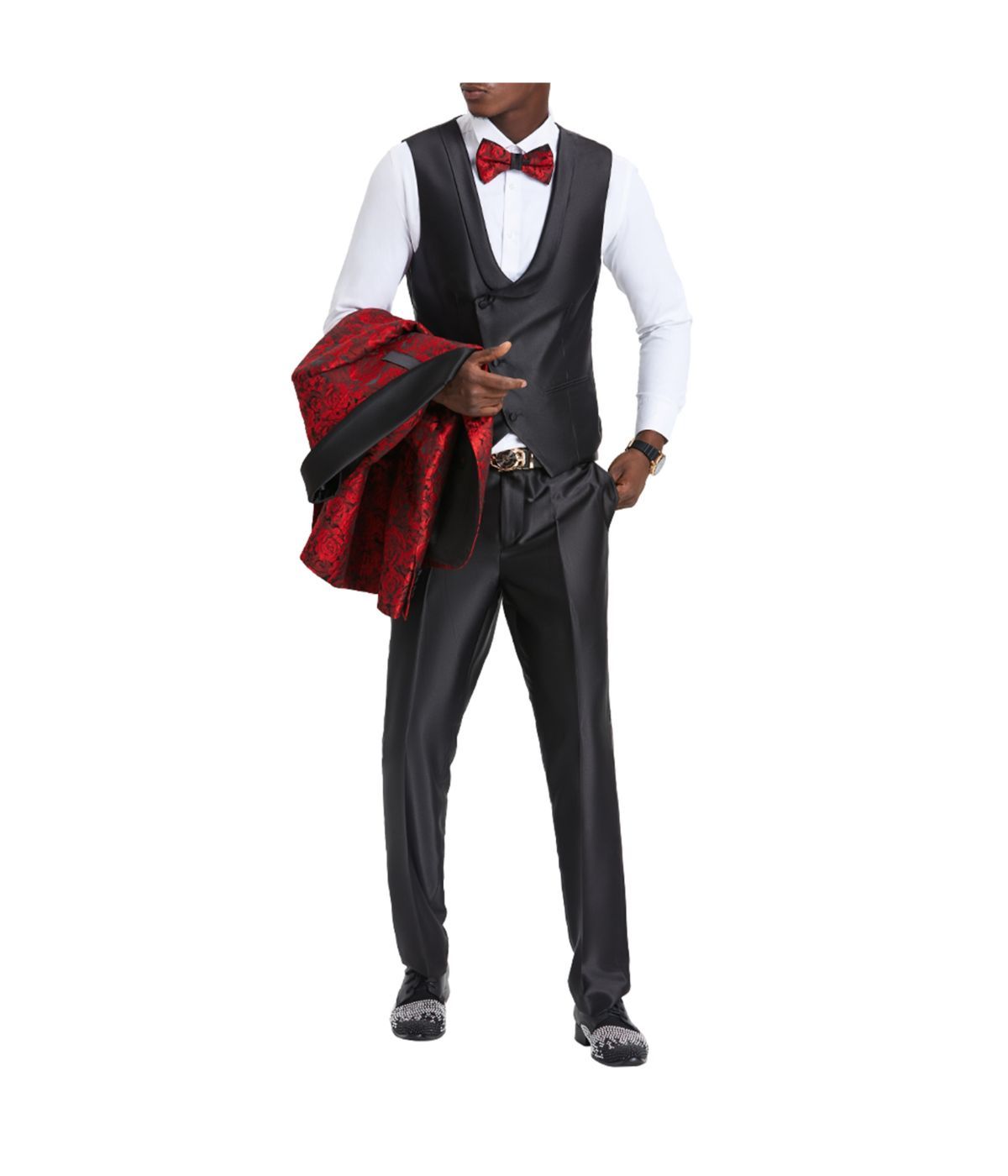  Men's Three Piece Satin Shawl Collar Suit With Double Breasted Vest Red / Black - Red / Black - Bonton