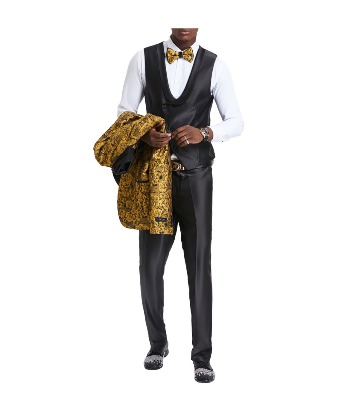  Men's Three Piece Satin Shawl Collar Suit With Double Breasted Vest Gold / Black - Gold / Black - Bonton