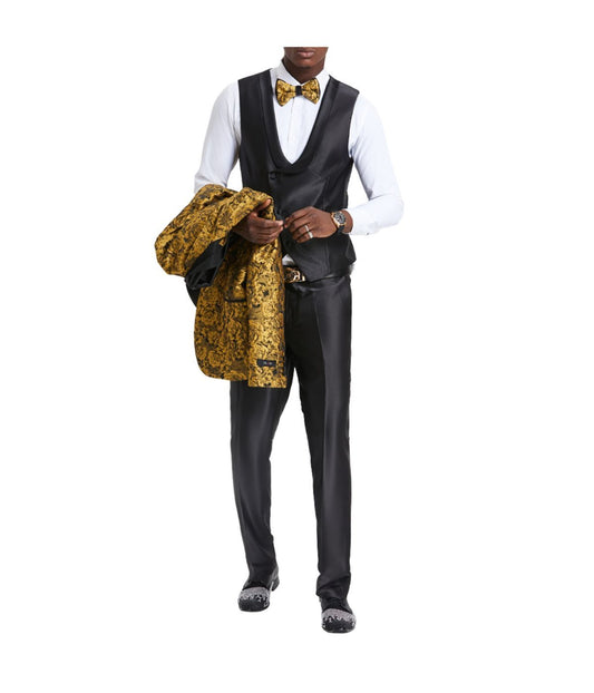 Men's Three Piece Satin Shawl Collar Suit With Double Breasted Vest Gold / Black