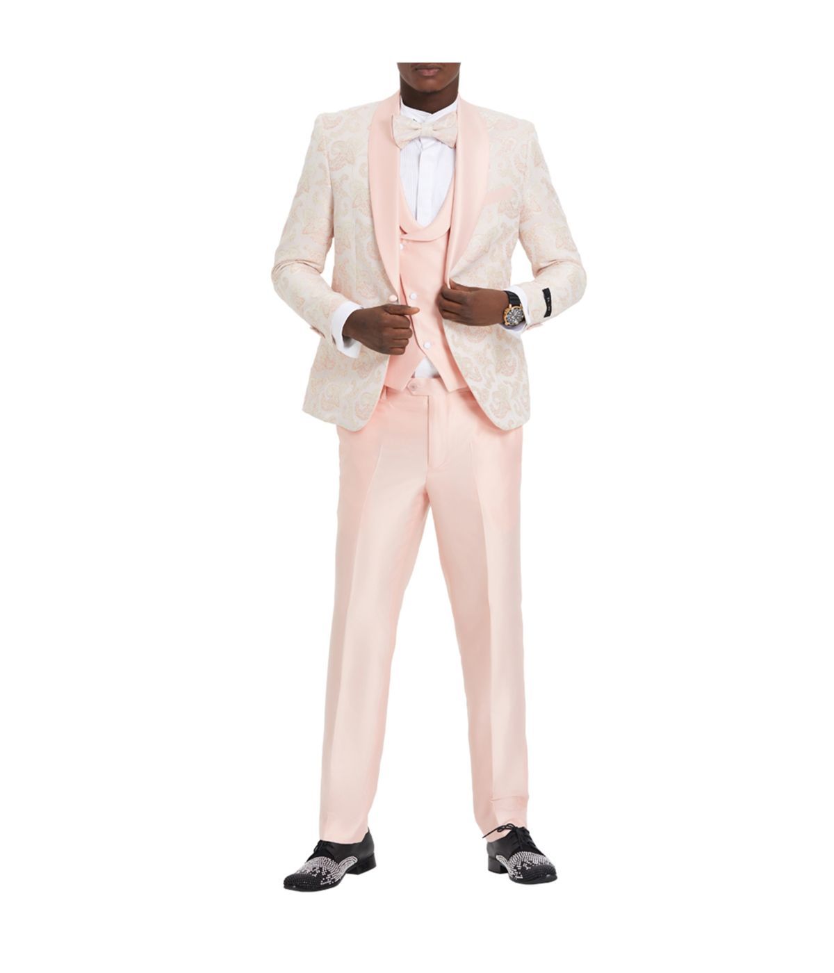  Men's Paisley Suits Shawl Collar Suit With Double Breasted Satin Vest & Satin Pants Pink - Pink - Bonton