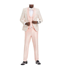 Men's Paisley Suits Shawl Collar Suit With Double Breasted Satin Vest & Satin Pants Pink