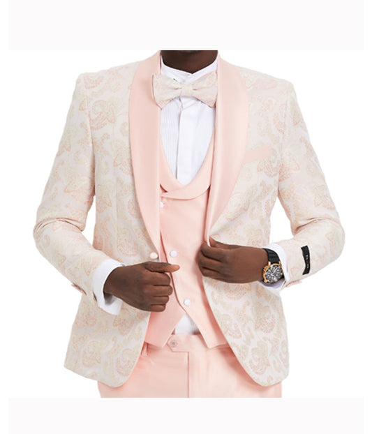 Men's Paisley Suits Shawl Collar Suit With Double Breasted Satin Vest & Satin Pants Pink