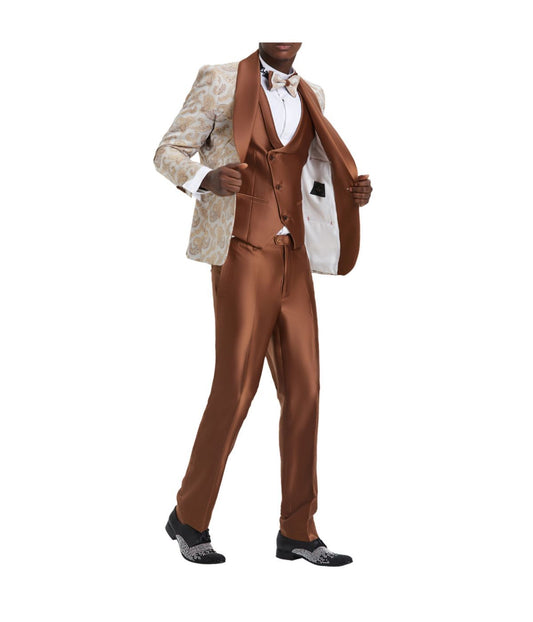 Men's Paisley Suits Shawl Collar Suit With Double Breasted Satin Vest & Satin Pants Rust