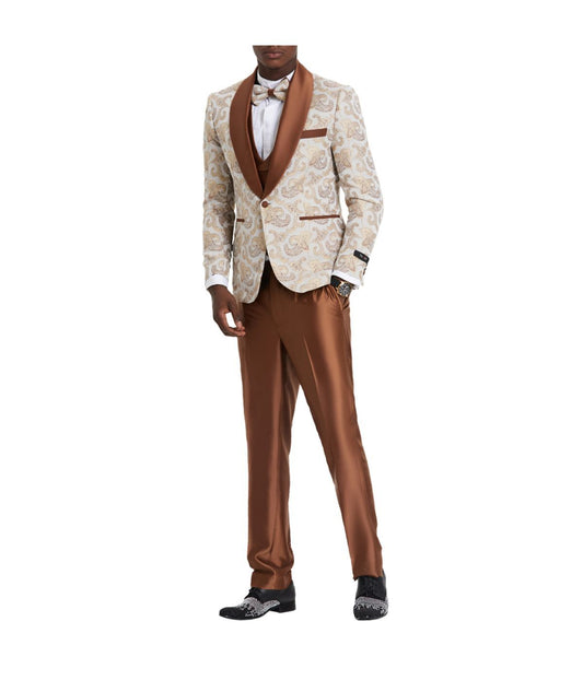 Men's Paisley Suits Shawl Collar Suit With Double Breasted Satin Vest & Satin Pants Rust