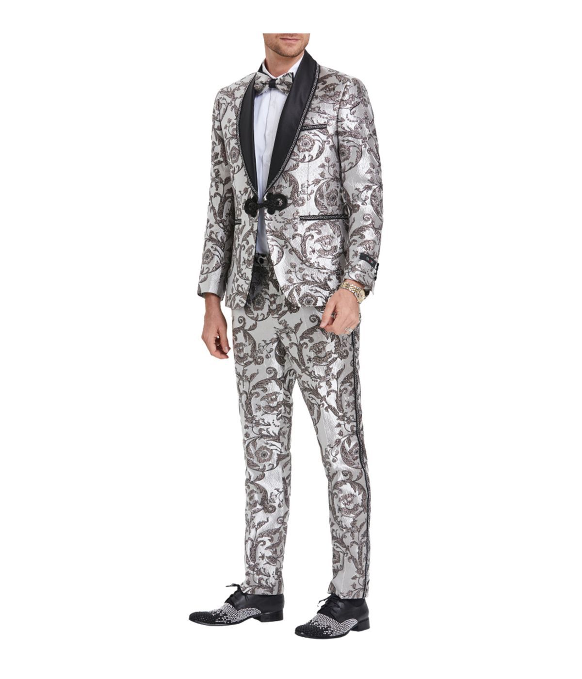  Two Piece Shawl Collar Paisley Mens Suit Multi & Silver - Multi & Silver - Bonton