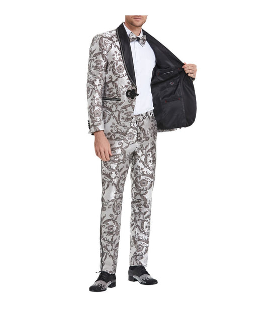Two Piece Shawl Collar Paisley Mens Suit Multi & Silver