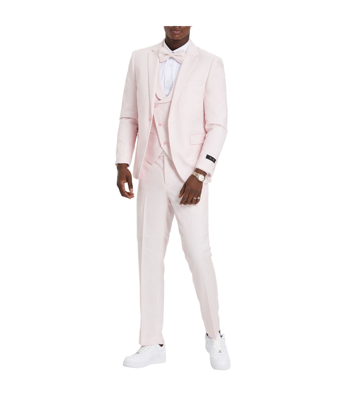  Men's One Button Polka Dot Suit With Matching Vest, Pants, & Bowtie Pink - Pink - Bonton