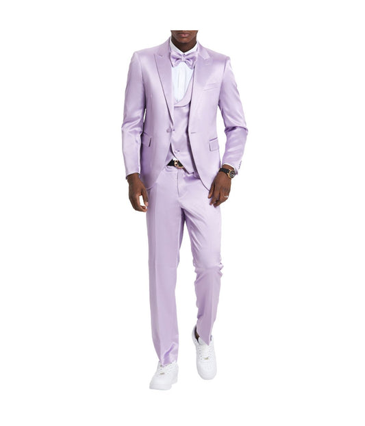 Men's Sharkskin Suit With Double Breast Vest Lavender