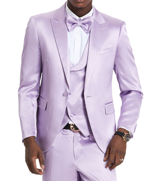 Men's Sharkskin Suit With Double Breast Vest Lavender