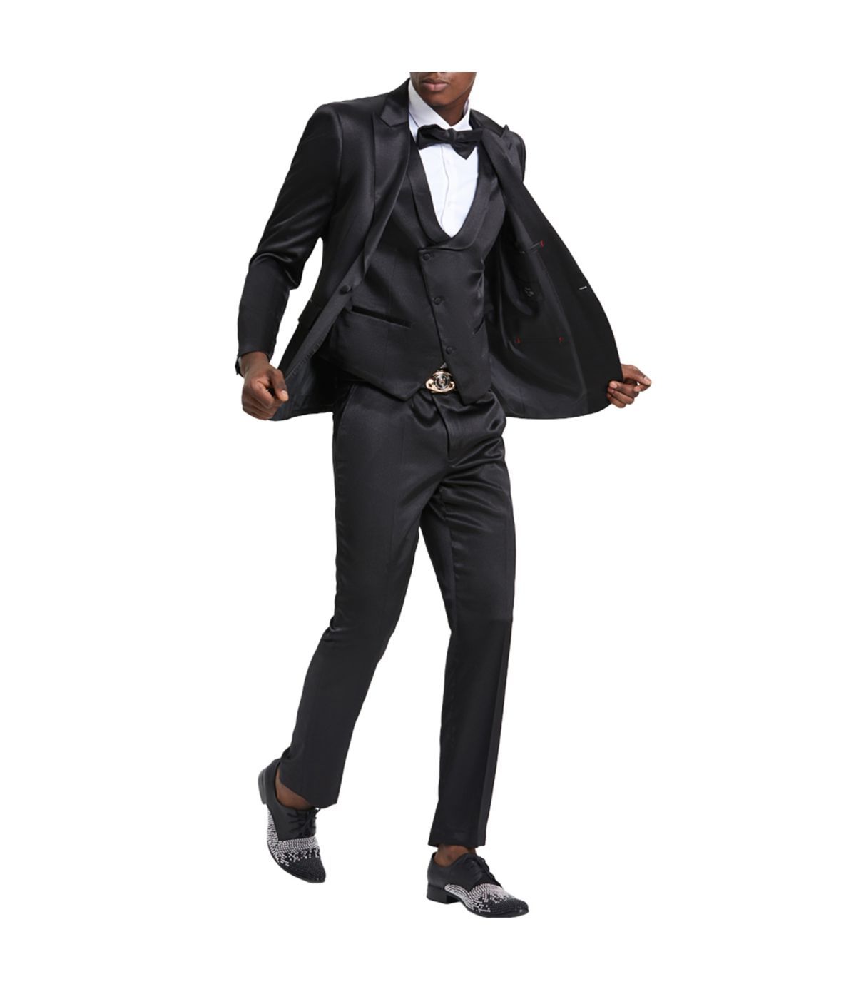  Men's Sharkskin Suit With Double Breast Vest Black - Black - Bonton