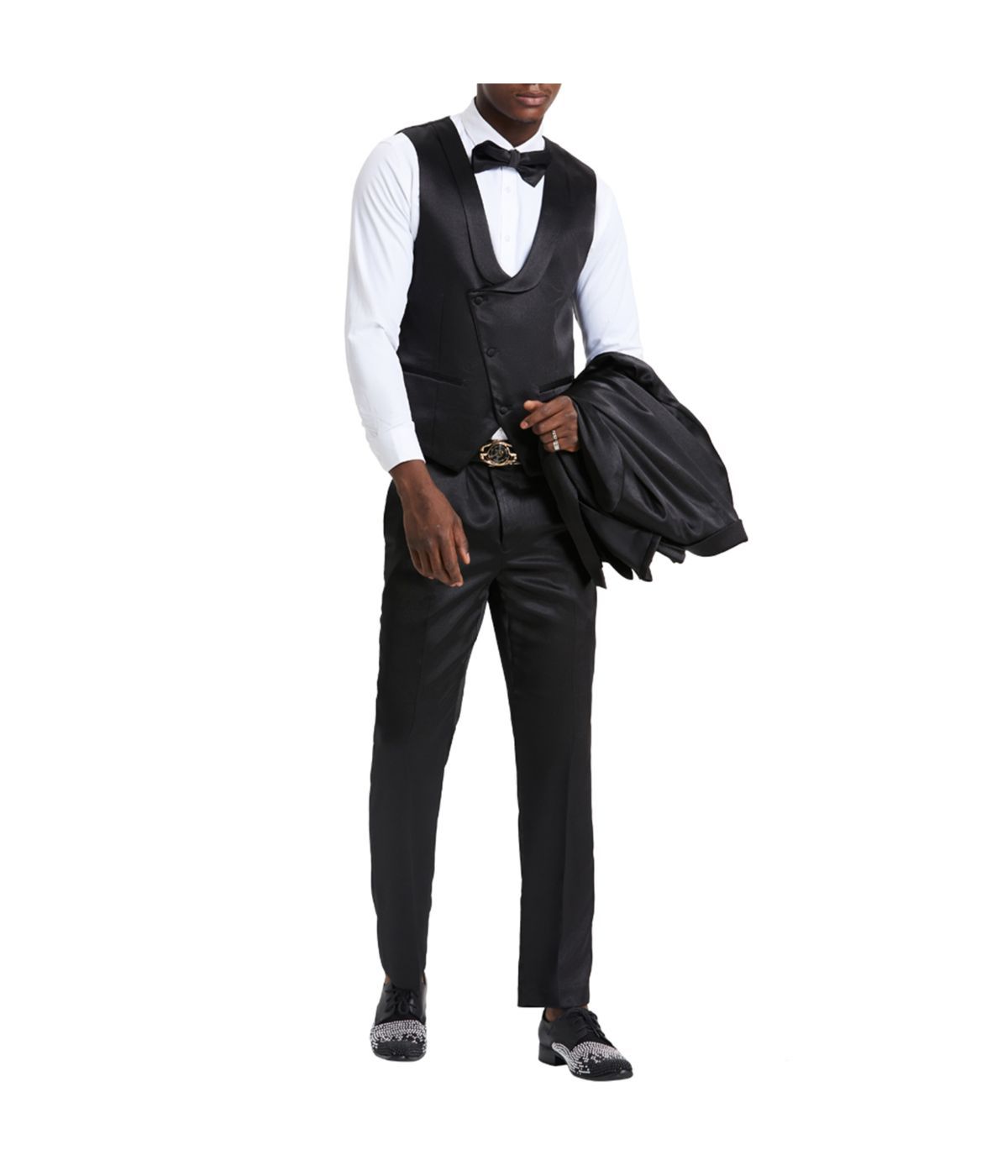  Men's Sharkskin Suit With Double Breast Vest Black - Black - Bonton