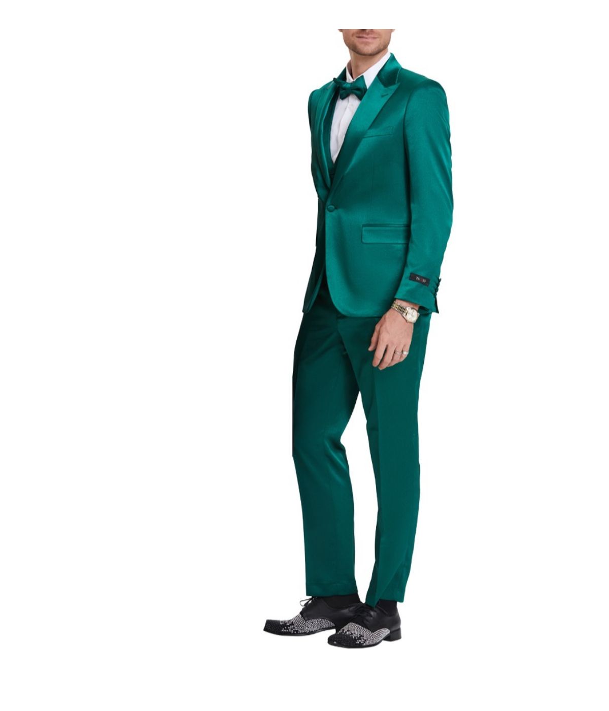  Men's Sharkskin Suit With Double Breast Vest Green - Green - Bonton