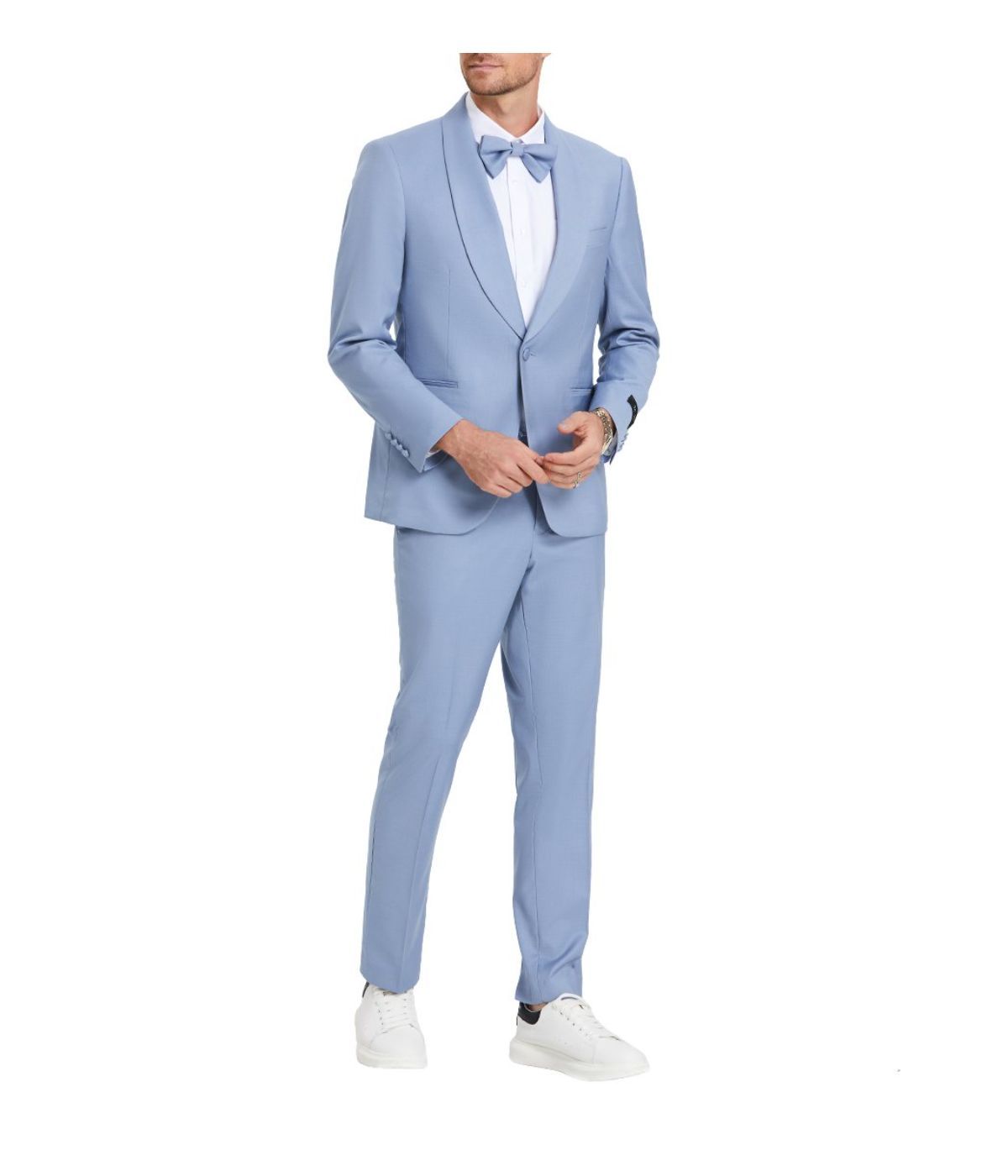 Men's One Button Suit With Wide Shawl Collar Solid Suits With Bowtie Beau Blue