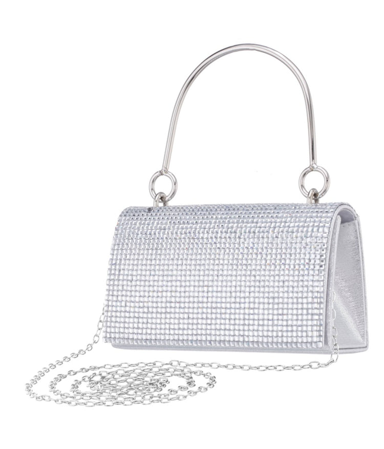Whinn Squares Crystal Flap Bag With Metal Handle Silver