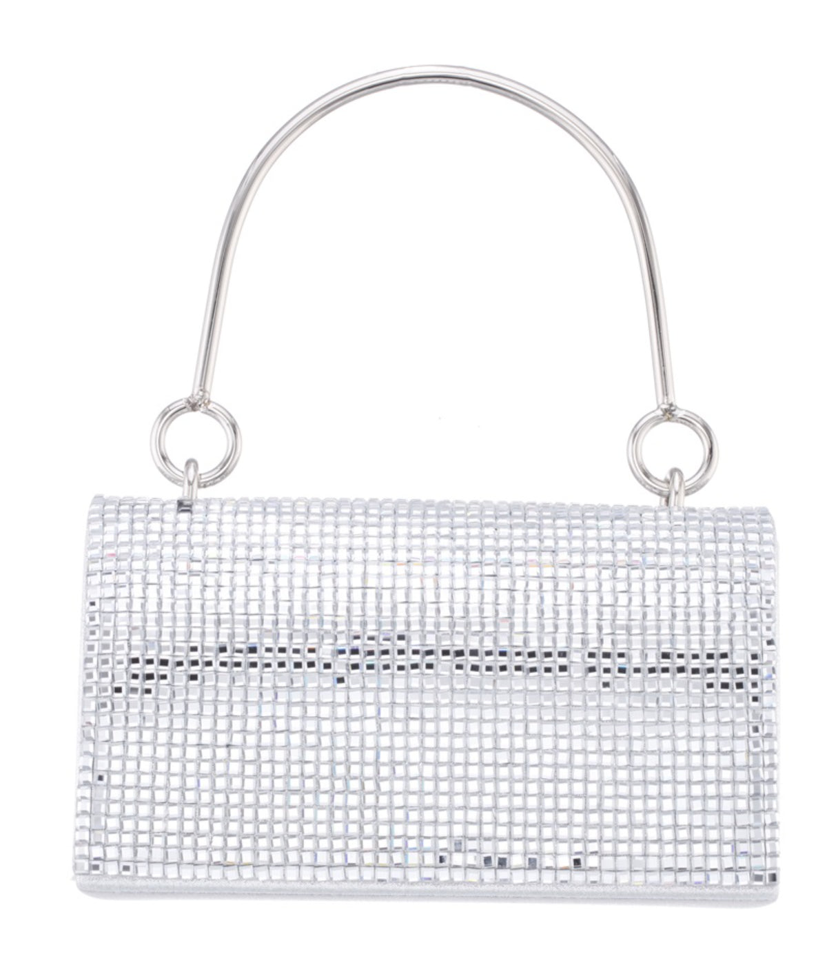 Whinn Squares Crystal Flap Bag With Metal Handle Silver