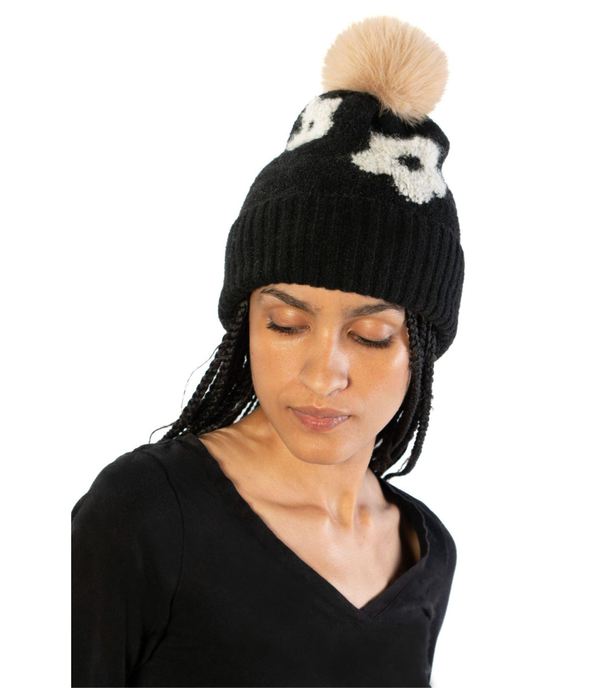  Flower Pom Beanie - Black - Bonton