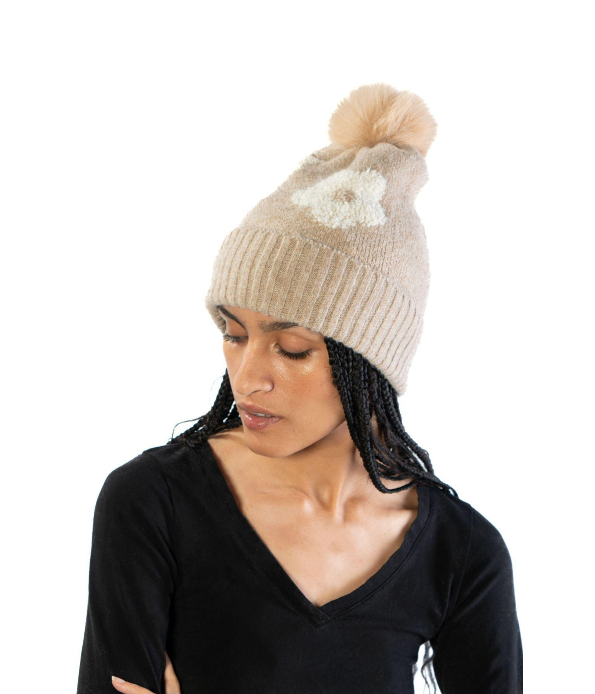  Flower Pom Beanie - Camel - Bonton