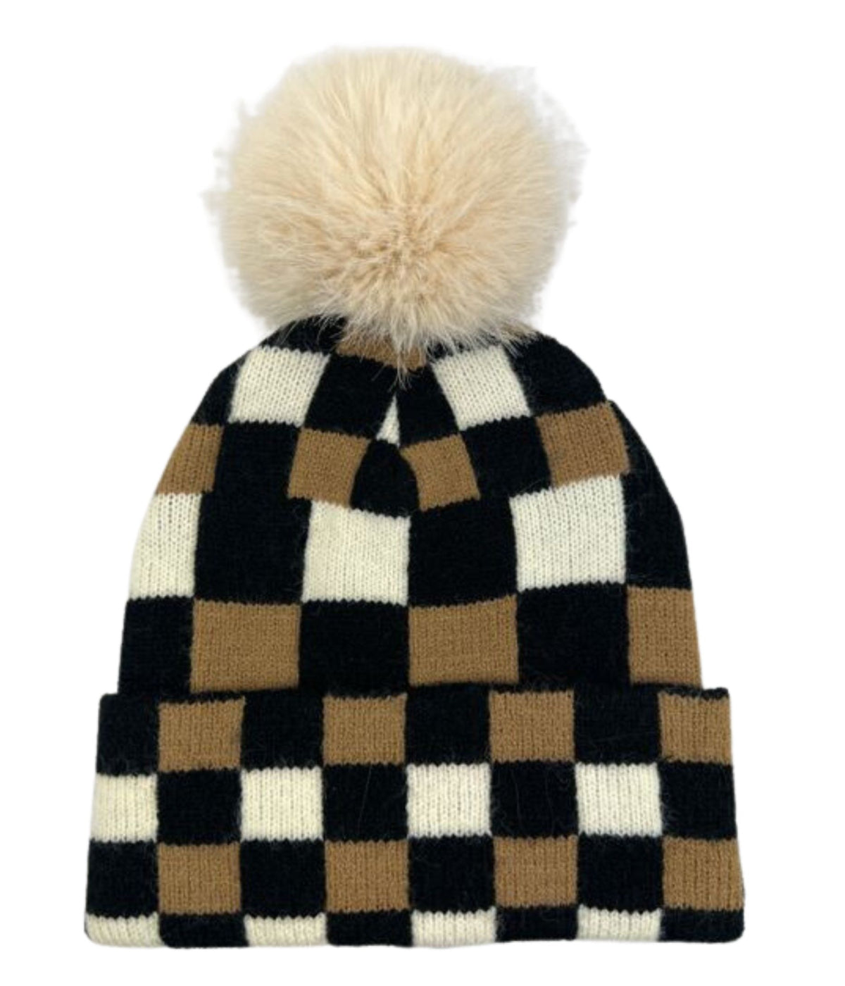  Checkered Pom Beanie - Black - Bonton