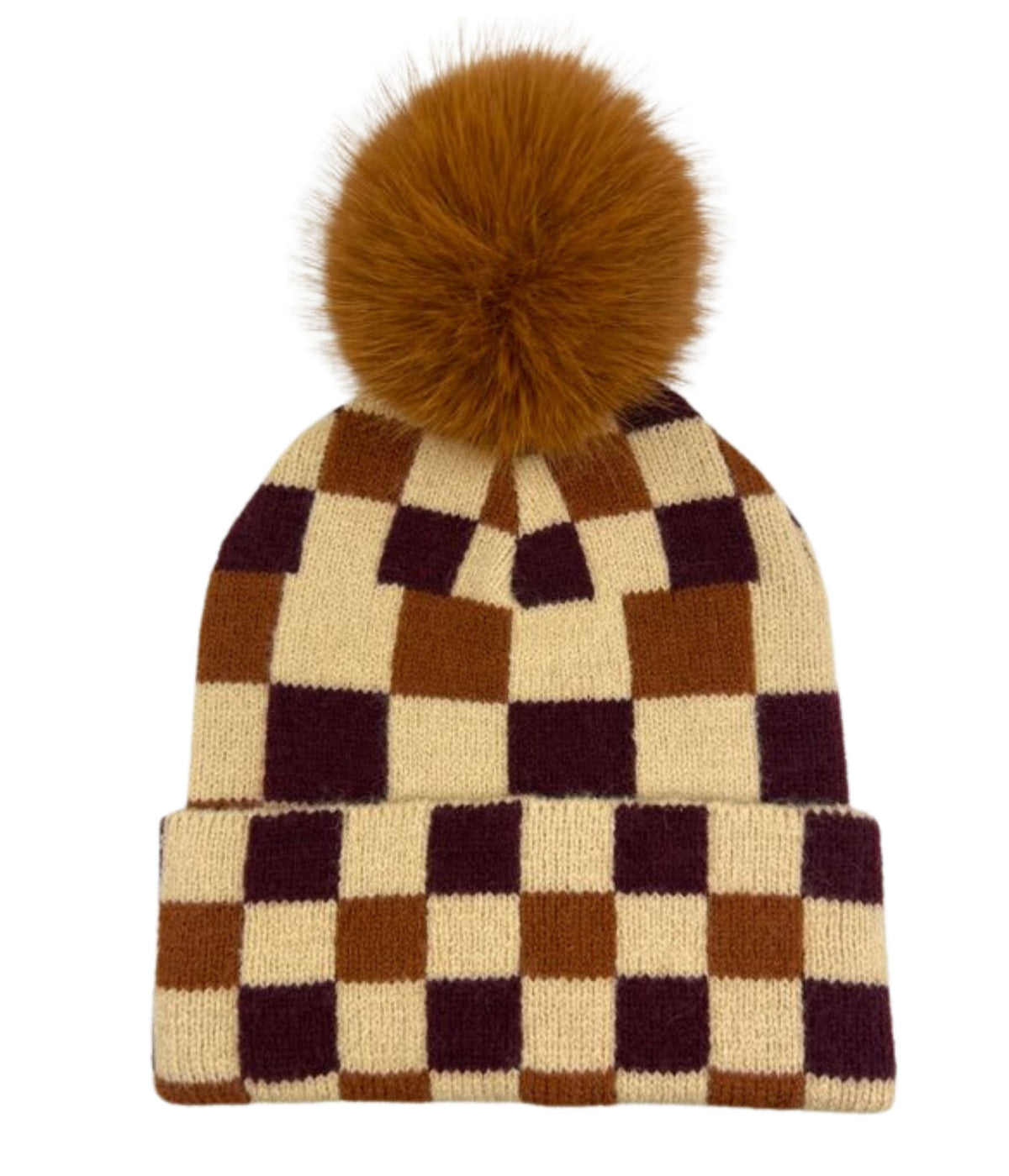  Checkered Pom Beanie - Rust - Bonton