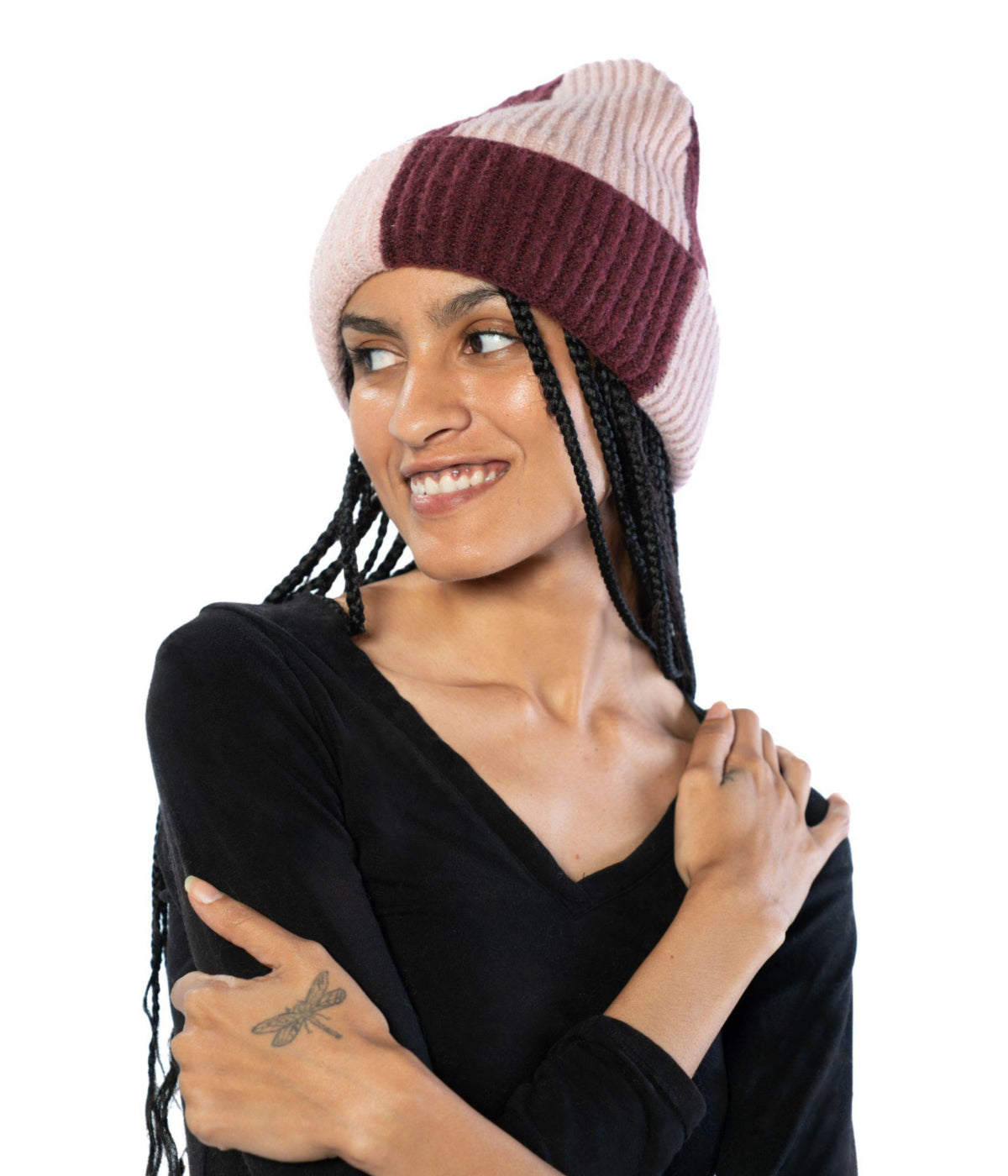  Knit Checkered Beanie - Burgundy - Bonton