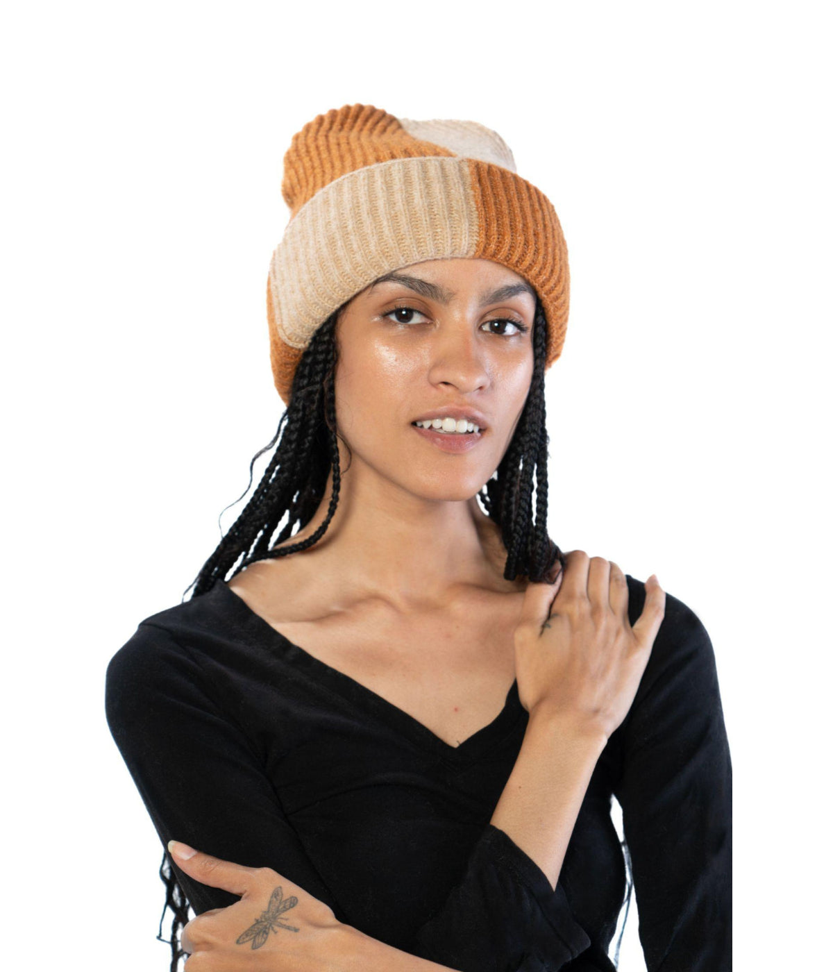  Knit Checkered Beanie - Camel - Bonton