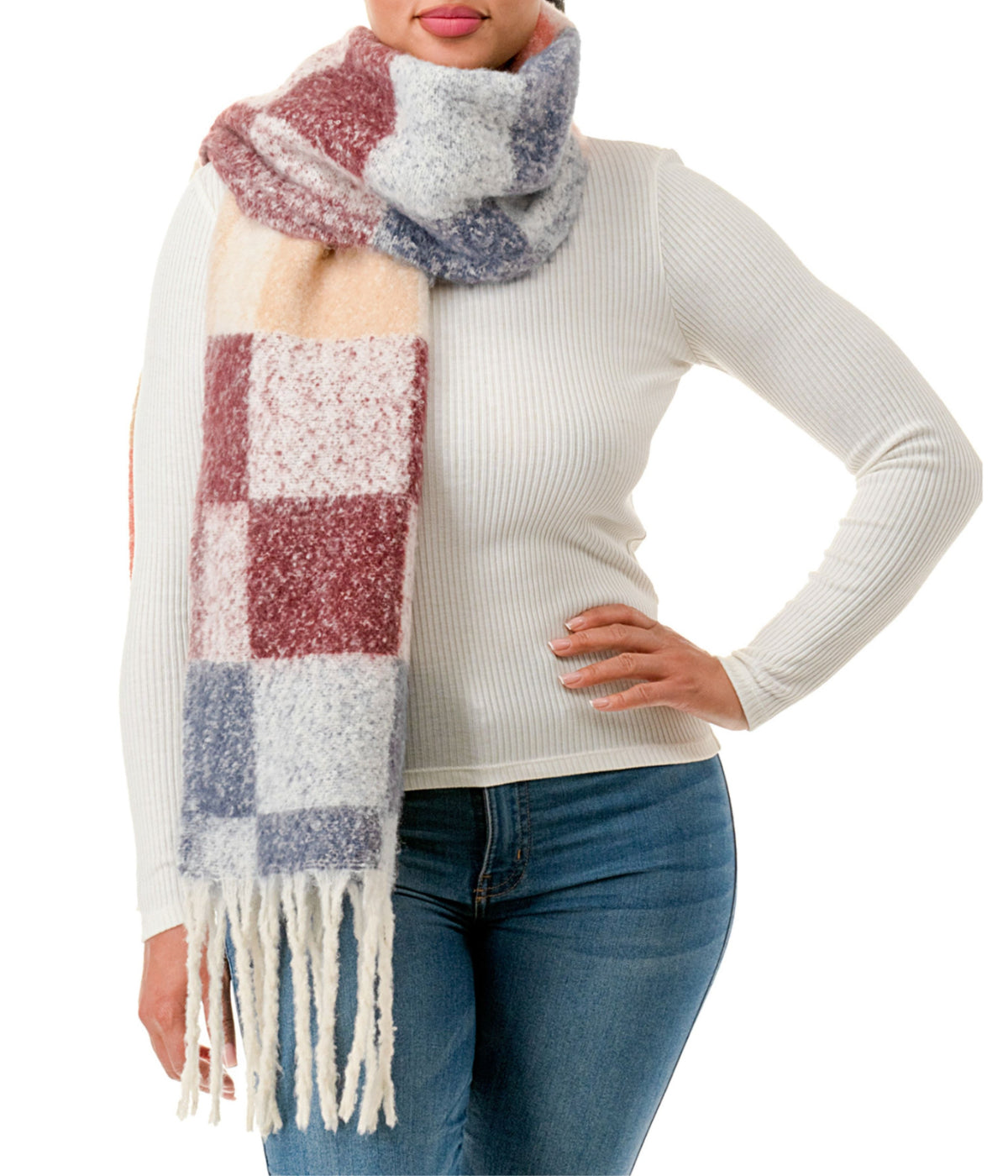  Checkered Scarf 1 - Burgundy - Bonton