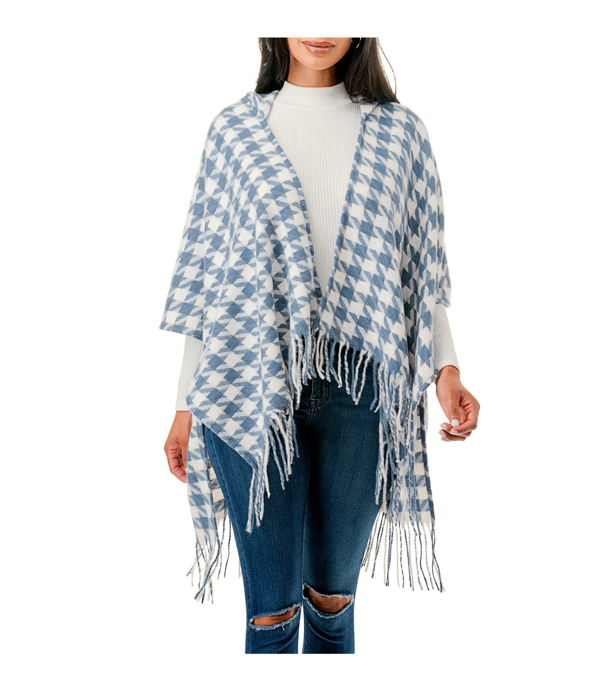  Houndstooth Hooded Poncho - Blue - Bonton