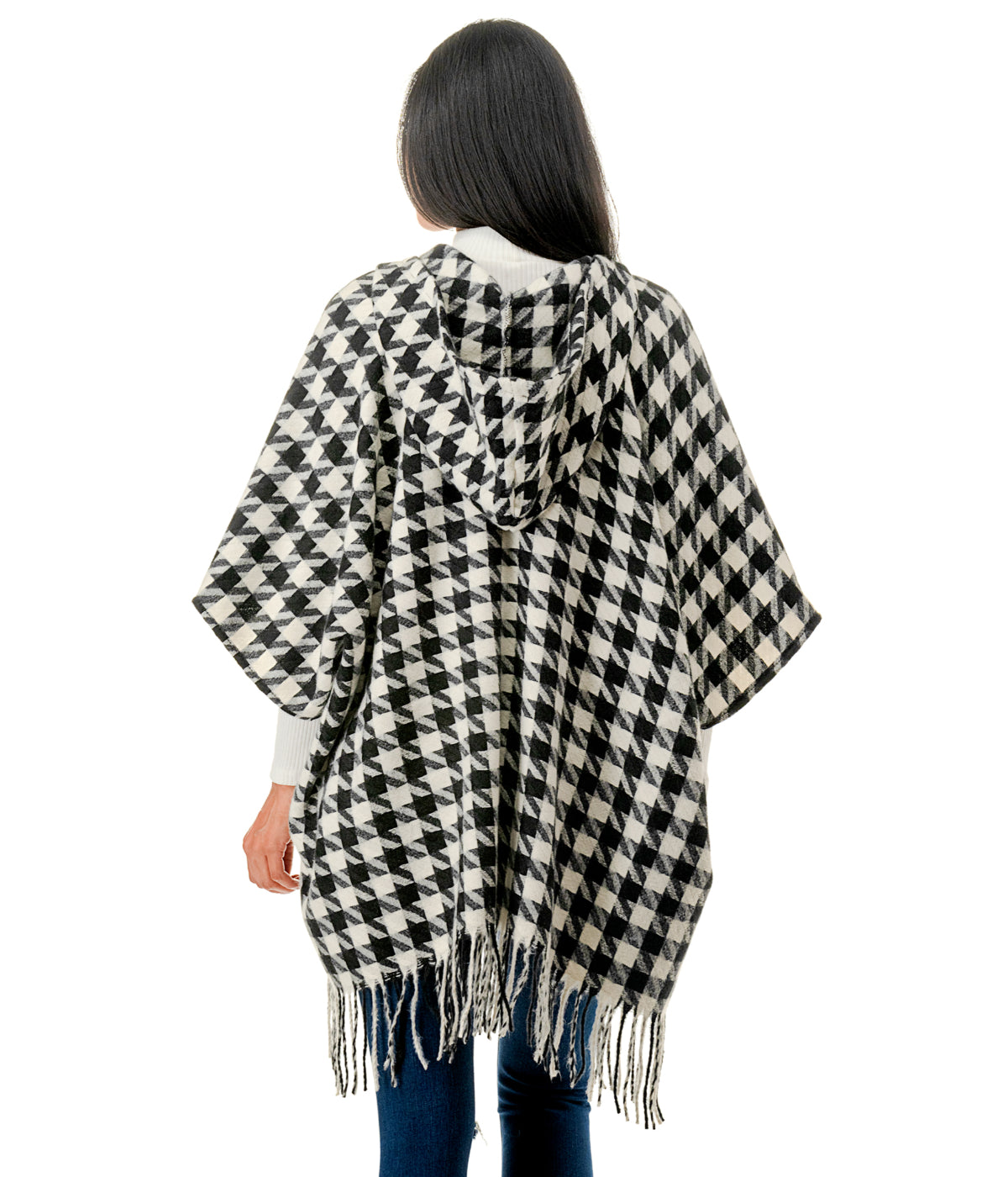  Houndstooth Hooded Poncho - Black - Bonton