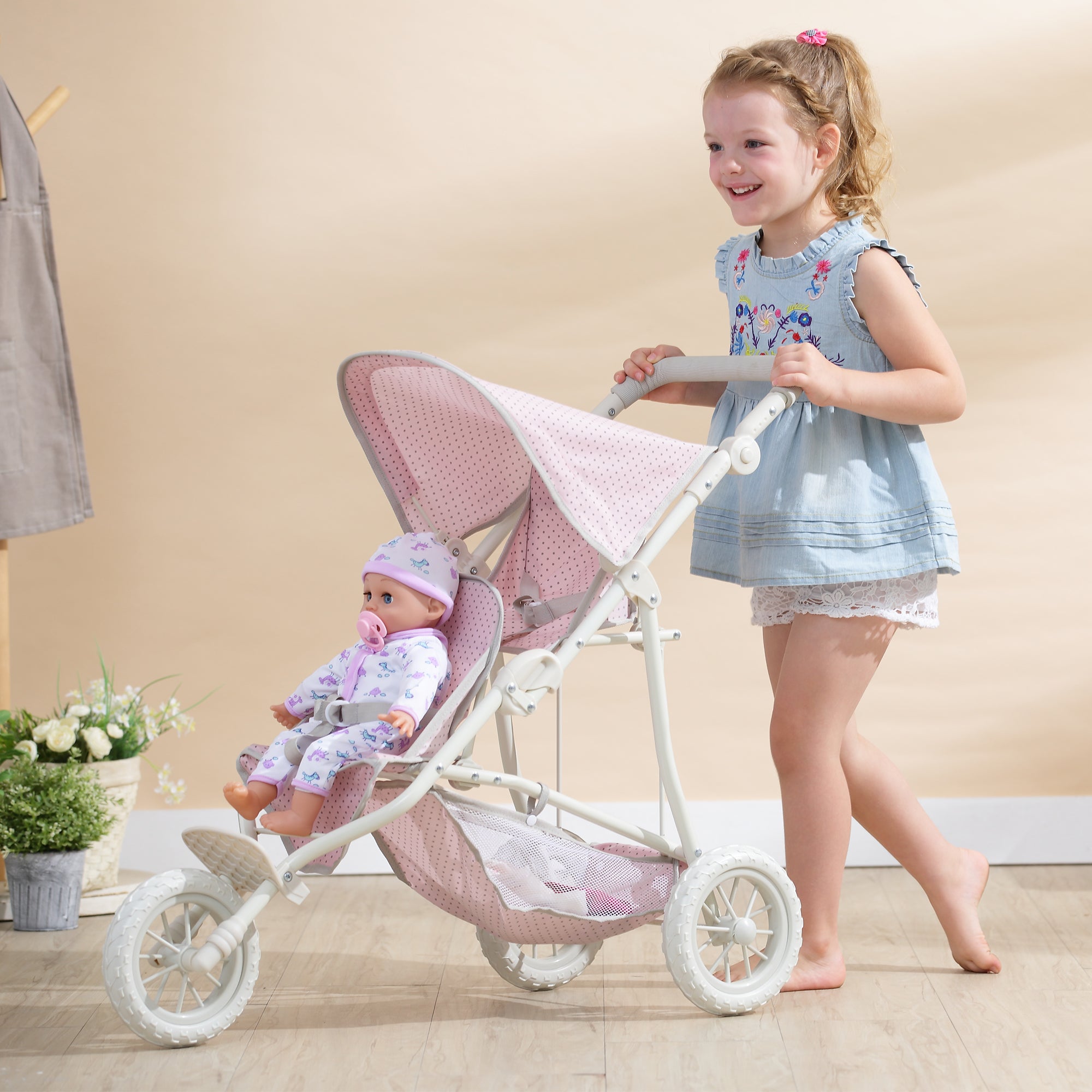  Teamson Kids Olivia's Little World - Polka Dots Princess Baby Doll Twin Jogging Stroller - Pink/Grey - Bonton