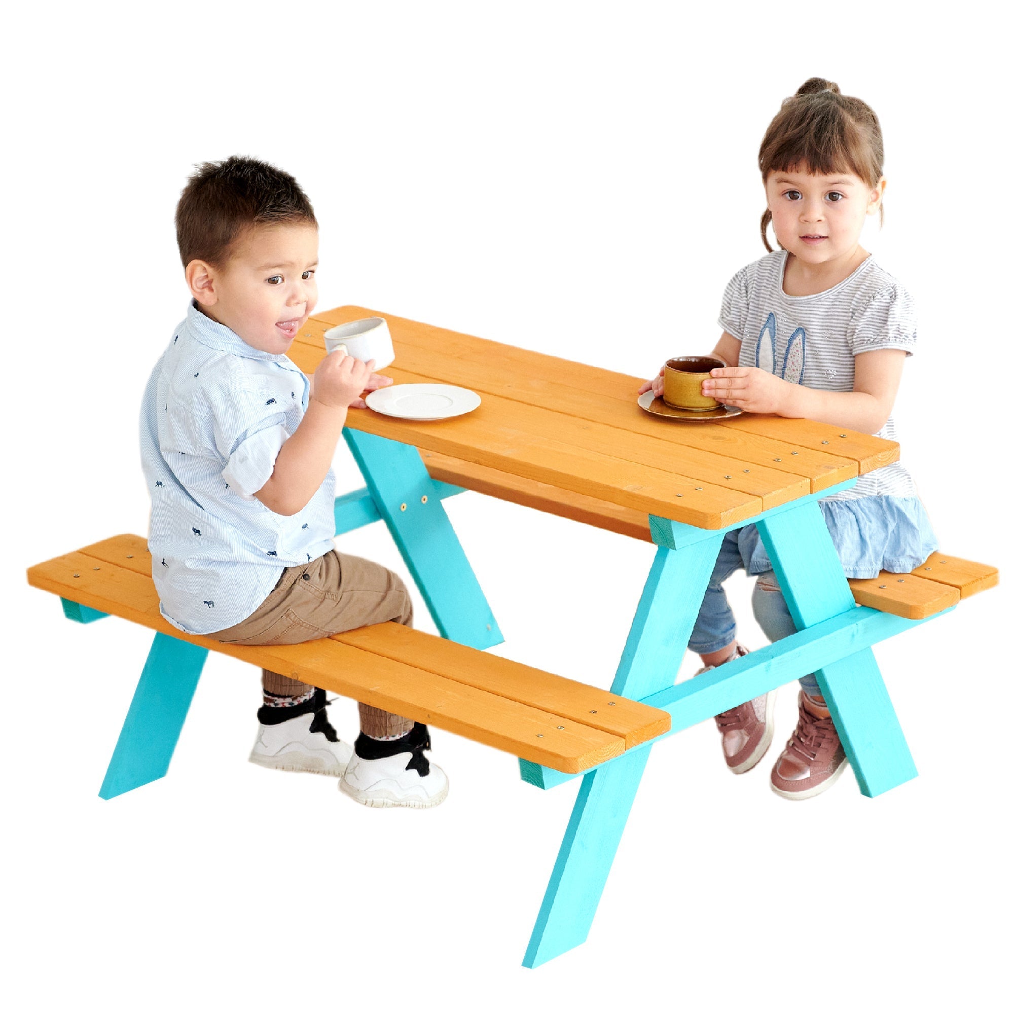  Teamson Kids Teamson Kids - Outdoor Picnic Table & Chair Set - Wood / Turquoise - Bonton