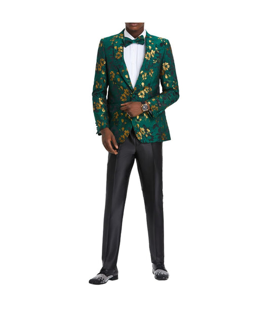 Shawl Collar Suits Mens Floral Jacket Green / Gold