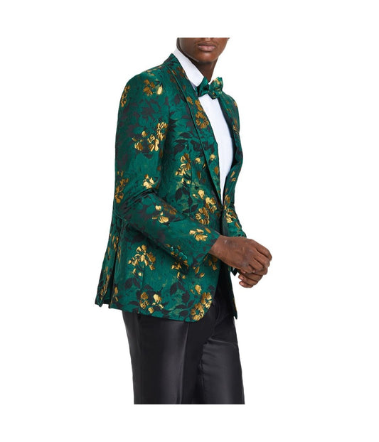 Shawl Collar Suits Mens Floral Jacket Green / Gold