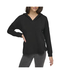 Andrew Marc Women's Fleece Split Neck Hoodie Black